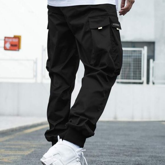 Mens Flap Pocket Drawstring Waist Cargo Pants blac - Picture 3 of 7